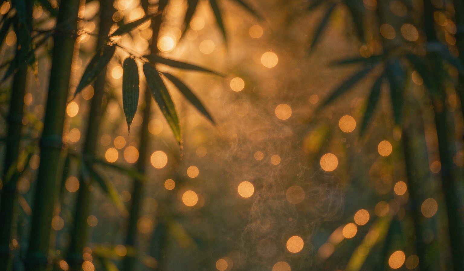 暖竹青与琥珀色调的抽象光影，光斑散景如茶馆竹影间的午后灯火