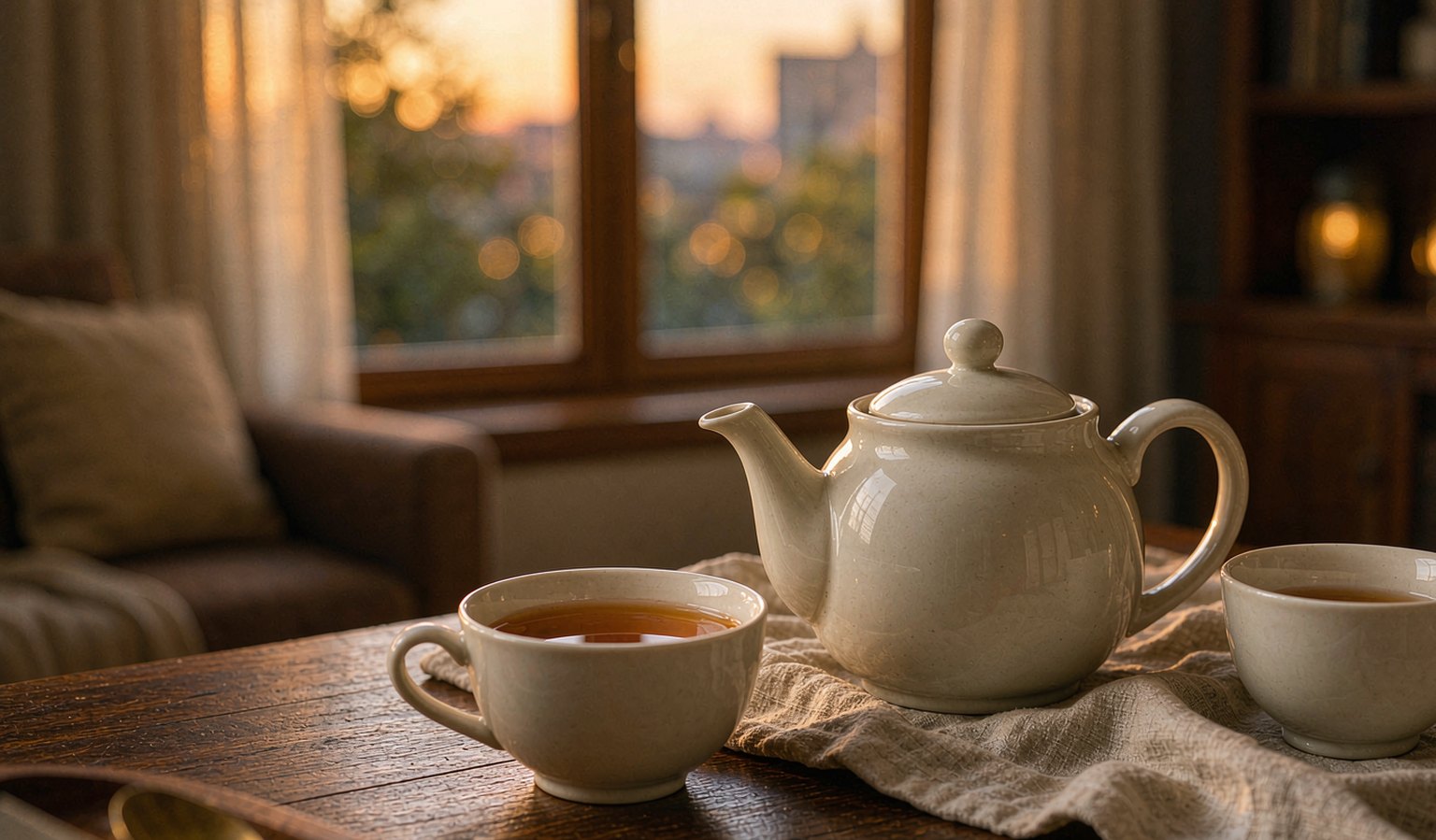傍晚暖光下的客厅一角，一盏茶壶与两只茶杯放在木桌上，窗外光斑柔和虚化，如一场还没开始的家庭对话