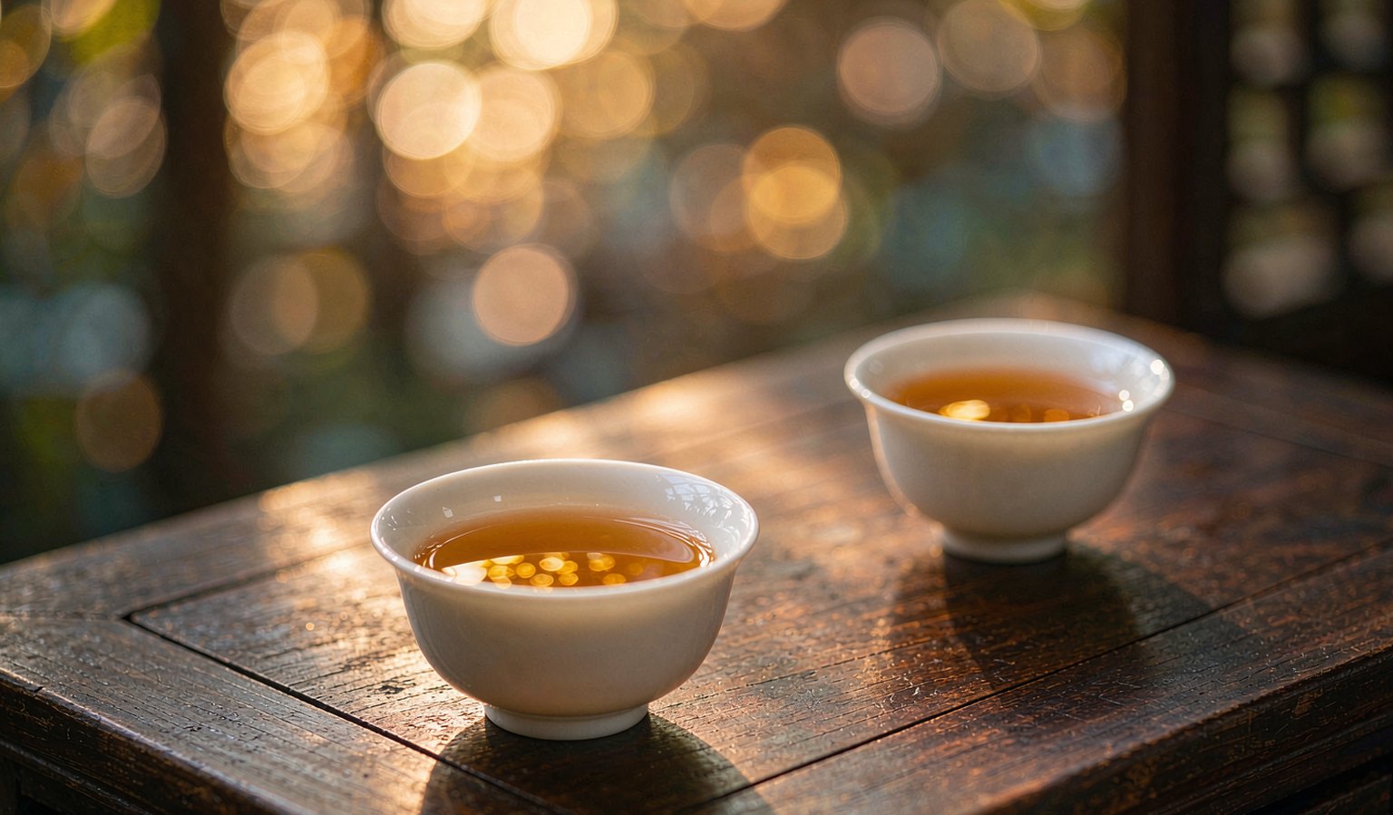 午后暖光下的茶席散景，两盏茶杯映着窗外的金色光斑，如两代人隔着一张茶桌对坐