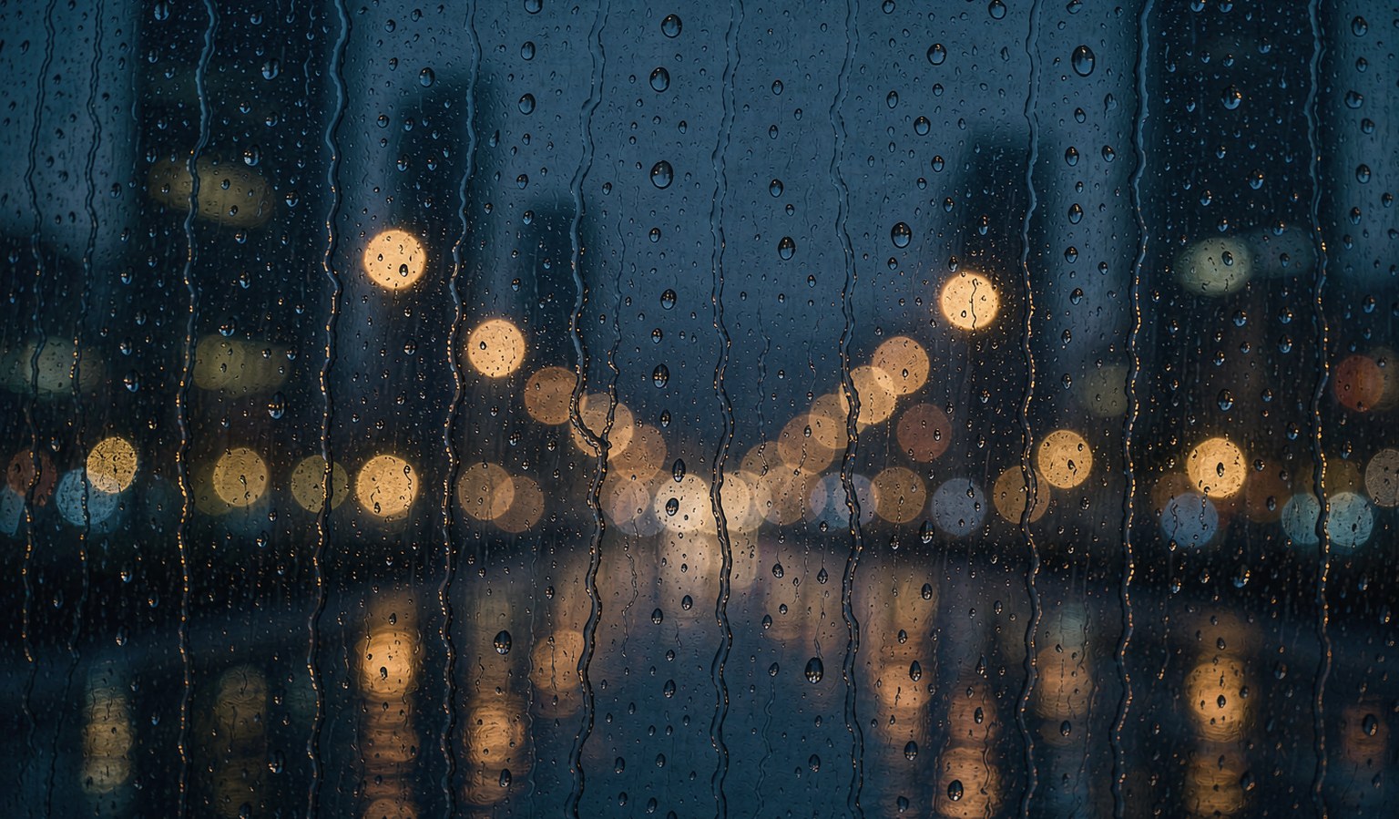 深蓝雨夜色调的抽象光影画面，柔和的暖金色光斑散景浮在朦胧的城市灯光上，如玻璃幕墙上的雨痕倒影，隐喻上海的夜与圈层灯火